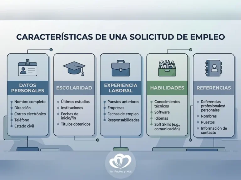 Características y elementos de una solicitud de empleo organizados por apartados