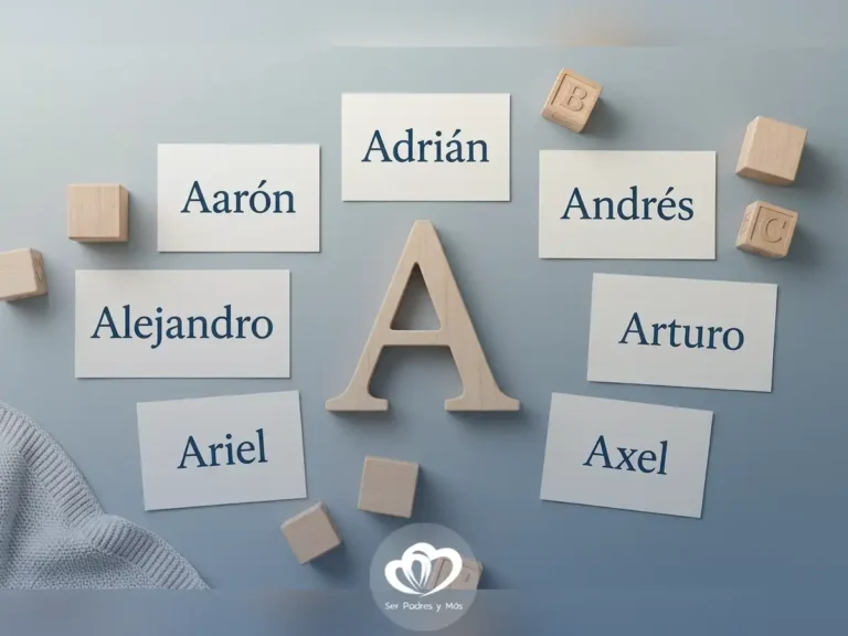 Nombres de niño con A representados en tarjetas alrededor de una letra A
