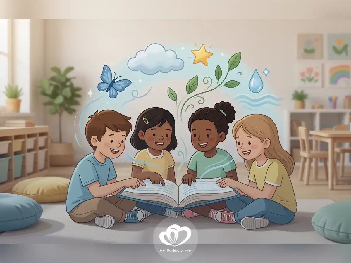 Niños de primaria leyendo y recitando poemas cortos en clase