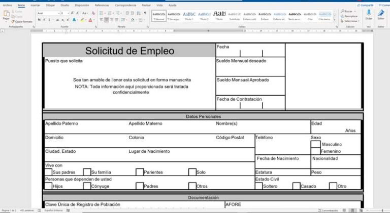 Solicitud de empleo para llenar (formato pdf o word) | SPyM
