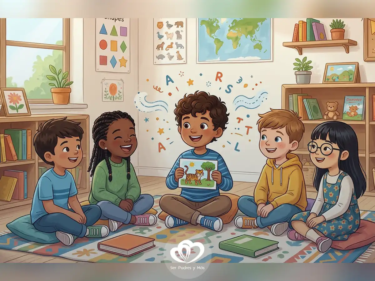 Niños practicando trabalenguas cortos y fáciles con tarjetas en el aula.