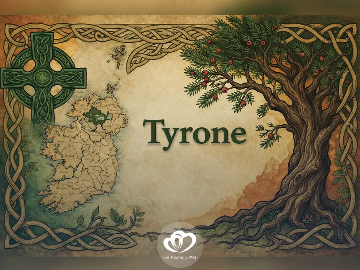 ilustración del origen del nombre Tyrone en Irlanda con árbol y mapa