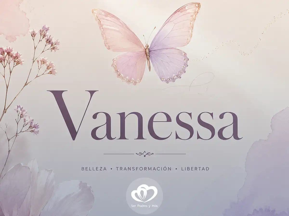 Significado del nombre Vanessa con ilustración elegante de mariposa y estilo editorial minimalista