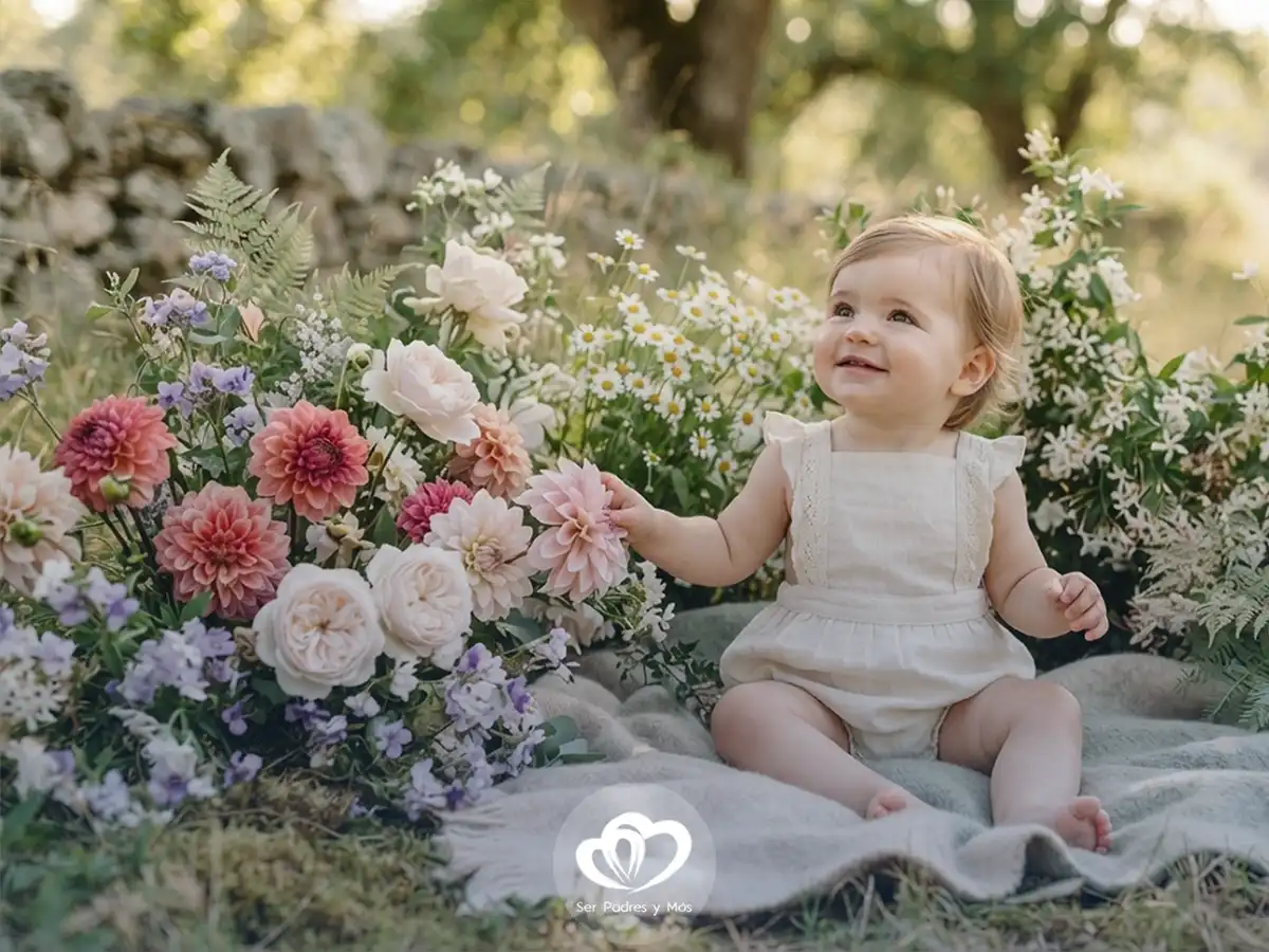 Bebé niña rodeada de flores para inspirar nombres con significado